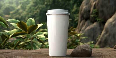 Blank white coffee cup mockup. Generative AI photo