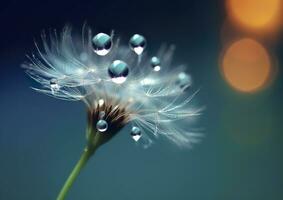 Beautiful dew drops on a dandelion seed macro. Beautiful blue background. Generative AI photo