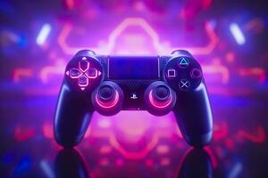 Video game controller with bright neon light streaks. Computer gamer background, 3D octane render. Game concept ideas.  AI Generative photo