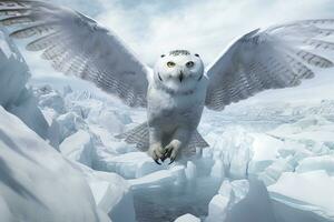 owl on a winter snow background. Generative AI photo