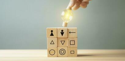 Creative idea, solution and innovation concept. Idea generation for business development. Wooden cube blocks with light bulb and cycle icons on clean background and copy space. AI Generative photo