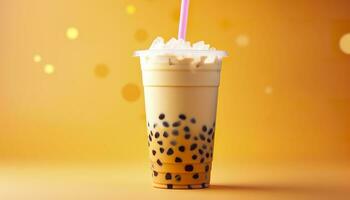 A bubble tea in a plastic cup. Generative AI photo