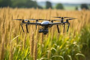 Drone monitoring crops and smart agriculture in a digital farming.  AI Generative photo