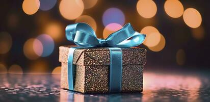 Festive gift box against bokeh background. Holiday greeting card. Typically used for birthday, anniversary presents, gift cards, post cards. AI Generative photo