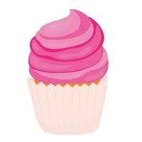 Pink cupcake. Vector illustration. Sweet dessert. Delicious pastries. Whipped cream. The confectionery logo. Isolated on a white background.