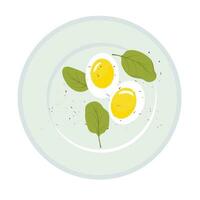 Boiled egg and spinach with seasoning. Vector illustration. Diet, healthy breakfast. Eggs and organic microgreens on white table.