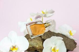 A perfume bottle stands on a stone against a background of beautiful orchids. Stylish appearance, layout, personality. Banner, a place for the text. photo