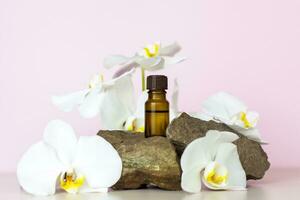 A brown bottle of cosmetic oil stands on a large structural stone with beautiful orchids next to it. Stylish appearance of the product, layout, personality. photo