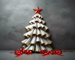 A paper christmas tree made from red ribbons and a gold star, christmas image, photorealistic illustration photo