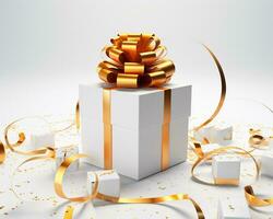 un blanco regalo caja con oro cinta terminado un blanco fondo, Navidad imagen, 3d ilustración imágenes foto