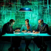 Three business people working on their documents at a table, business and marketing stock photos