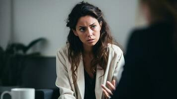 A young woman sits in a therapists office, mental health images, photorealistic illustration photo