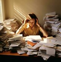 A person sits at a cluttered desk, business and marketing stock photos
