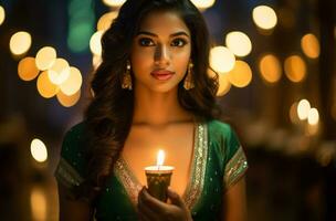 joven indio mujer iluminado arriba con diwali lámpara, diwali valores imágenes, realista valores fotos