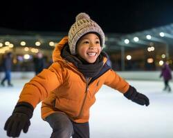 un niño Patinaje solo su cara iluminado arriba con alegría, Navidad imagen, fotorrealista ilustración foto