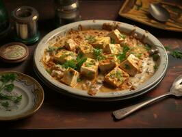 Boiled and cooked tofu served in curry sauce on a grey table, world food day images photo