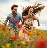 un alegre y despreocupado escena con el Pareja corriendo mediante un campo de vistoso flores silvestres, pasión de viajar viaje valores fotos, realista valores fotos