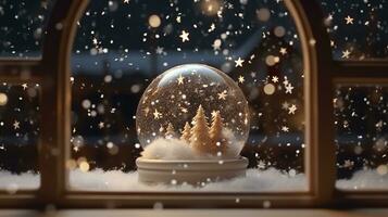 A wide-angle shot of a starry snow globe sitting on a windowsill, christmas image, photorealistic illustration photo