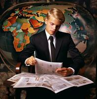 un joven inversión banquero mirando a un mapa de el mundo, negocio y márketing valores fotos