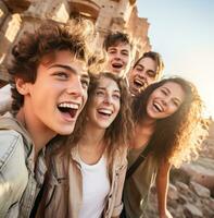 A close-up of a group of friends faces as they explore an ancient ruin, wanderlust travel stock photos, realistic stock photos