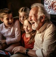 A close-up of the mans face as he smiles and laughs while playing a video game with his grandchildren, modern aging stock images, photorealistic illustration photo