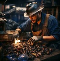 un hombre con sombreros y guantes haciendo trabajo en un reciclaje fábrica, naturaleza valores foto