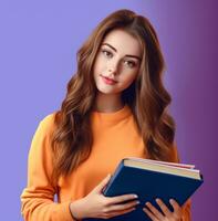 A girl holding a book against a blue background, world students day images photo