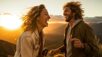 A couple laughing as they watch a sunset, mental health images, photorealistic illustration photo
