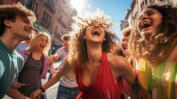 A group of friends laughing and dancing in the street, mental health images, photorealistic illustration photo