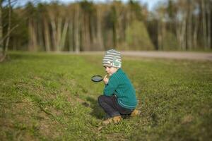 un gracioso chico camina mediante el primavera parque, examina el hojas con un grande aumentador vaso, mira para loco y disfruta foto