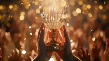 A persons hands are clasped together and they are holding a trophy, mental health images, photorealistic illustration photo