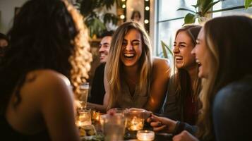 un grupo de amigos riendo como ellos contar cuentos, mental salud imágenes, fotorrealista ilustración foto