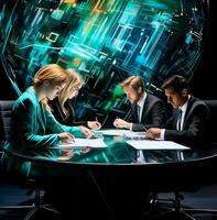 Three business people working on their documents at a table, business and marketing stock photos