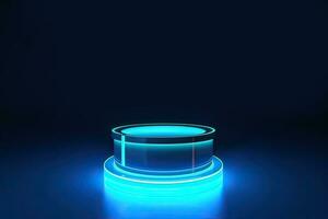 Neon blue cylinder pedestal podium with circle glowing neon lighting. Product display presentation. Futuristic wall scene. Generative AI. photo