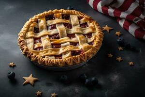 American pie with raspberry and bluberry on dark gray background. Generative AI. photo