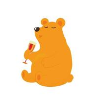 Cute bear with a glass of champagne. A birthday card for a girl. Vector illustration. isolated on a white background. Holiday.