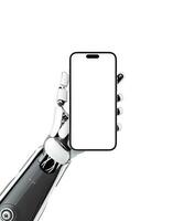 The robotic hand hold smart phone with isolated screen for mockup, app presentation. Artificial intelligence, cybernetics, tecnology concept photo