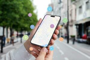 Find a location via a phone concept. Map of city on phone display with icons and network nodes flying arround photo