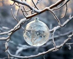 A glass christmas ornament hangs off a tree branch with snow on it, christmas image, photorealistic illustration photo