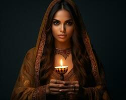 A woman wearing traditional attire is holding a candle, diwali stock images, realistic stock photos