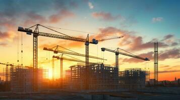 Construction cranes on construction site with sunset, industrial machinery stock photos