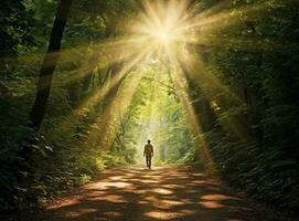 un persona caminando mediante un bosque, mental salud imágenes, fotorrealista ilustración foto