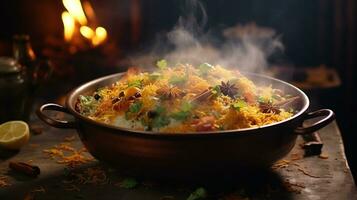 A wide shot of a steaming pot of biryani, world food day images photo