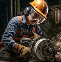 un humano utilizando un grande giratorio Mano amoladora, industrial maquinaria valores fotos