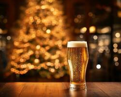 A beer glass stands next to a christmas tree, christmas image, photorealistic illustration photo