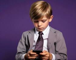 Young boy playing with a smart phone on purple background, international internet day stock photos