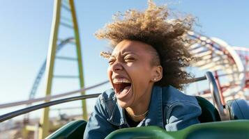 A person laughing as they ride a roller coaster, mental health images, photorealistic illustration photo