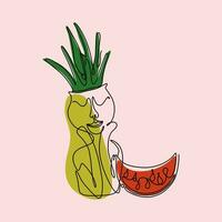 One line art style potted aloe plant and watermelon. Continuous line colorful vector illustration for textile print, logo, menu, card.