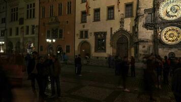 Timelapse of people near Prague astronomical clock at night video