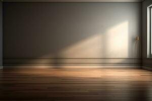 An empty room with a wooden floor. and a soft shadow coming from the window, Generative AI photo